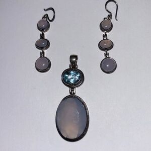 Large silver 925 Blue Topaz & Chalcedony pendant statement necklace & earrings